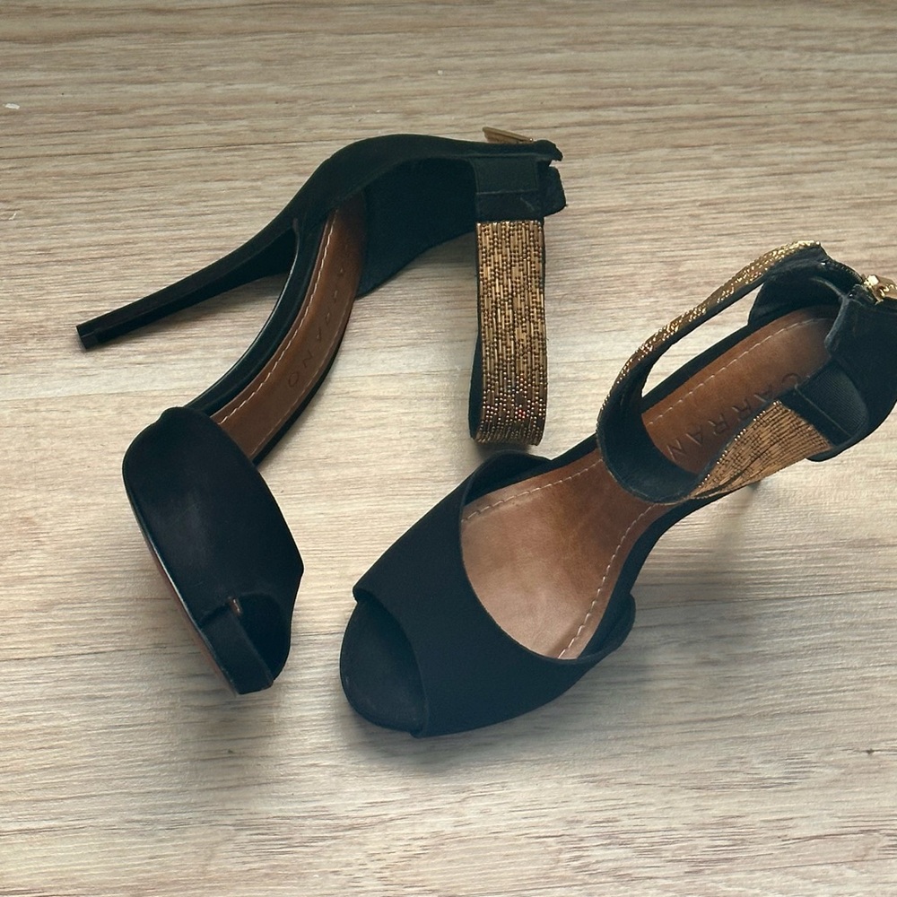Carrano open toe gold ankle strap black suede stiletto heels